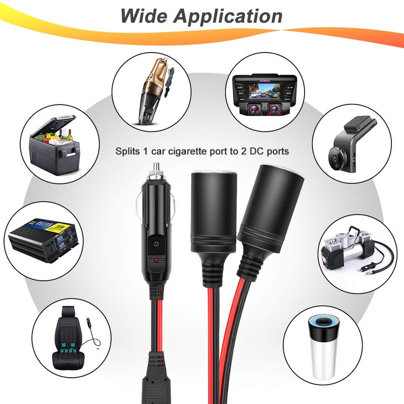 ELECTOP 1 to 2 Car Cigarette Lighter Splitter Adapter Power Charger Port, 12V 24V Plug Socket 2-Way Splitter Y Adapter, 10 inch 16AWG Cigarette Lighter Extension Cord with 15A Fuse - Image 5